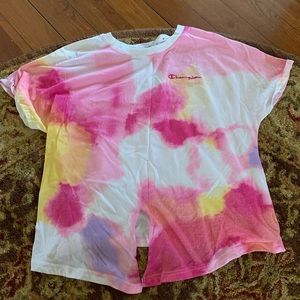 Champion Women's Tie-Front Tie-Dye Tee T-Shirt Short Sleeve Script Logo Cotton